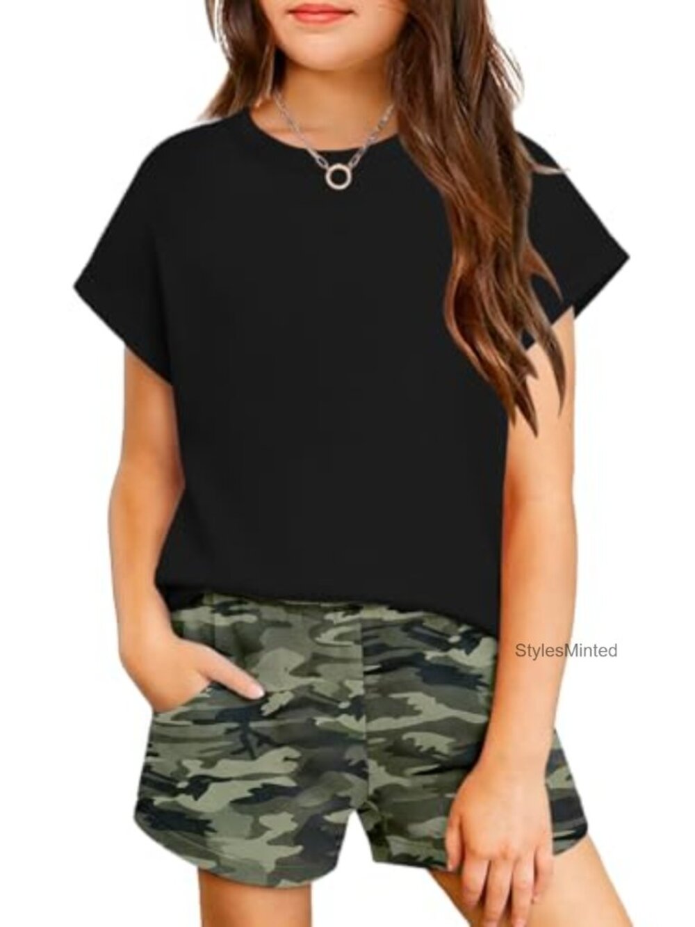 Girls 2 Piece Outfit Cap Sleeve Tee & Shorts Set Summer